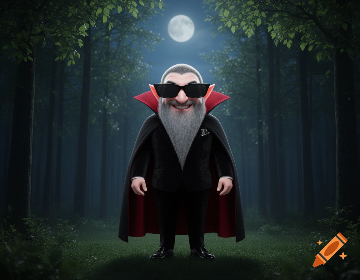 Cute cartoon Dracula in a black cape with a red lining, long white beard, and sunglasses, standing in a moonlit forest.