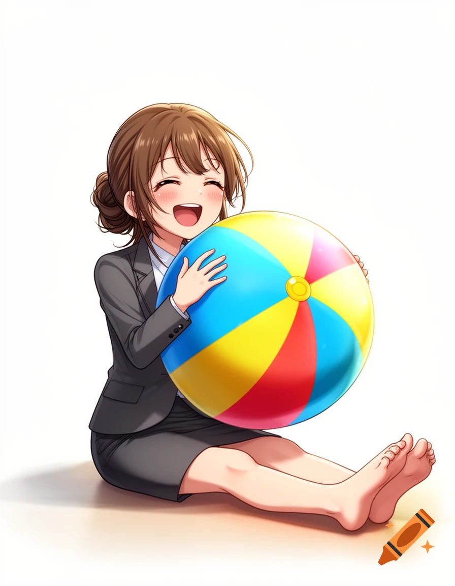 Anime-style young woman in a business suit happily holding a colorful beach ball while sitting barefoot.