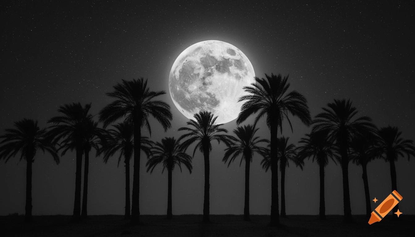 Dramatic black and white image of a large, glowing full moon in a starry night sky, silhouetted by numerous palm trees.