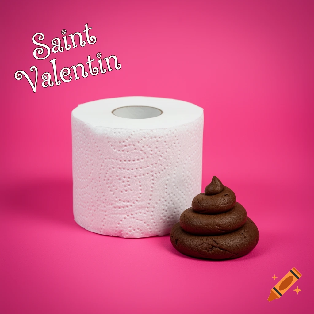 A roll of toilet paper and a fake pile of feces sit on a pink background, with 'Saint Valentin' text.
