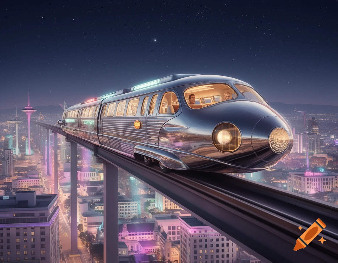 A sleek, retro-futuristic silver aerotrain travels on an elevated track high above a neon-lit city at night, under a starry sky.