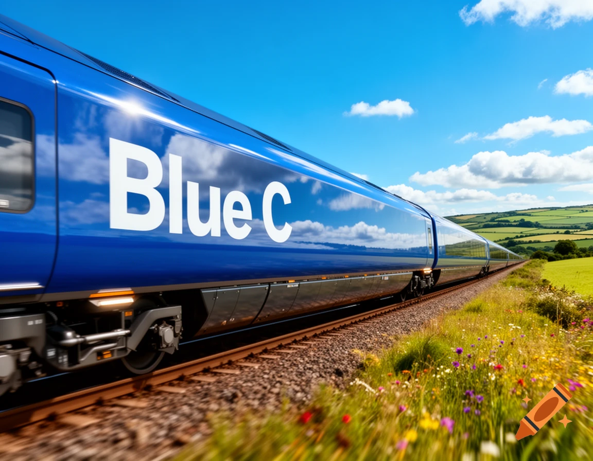 A sleek blue train with "Blue C" written on its side speeds along tracks through a vibrant green, hilly countryside under a bright blue sky.