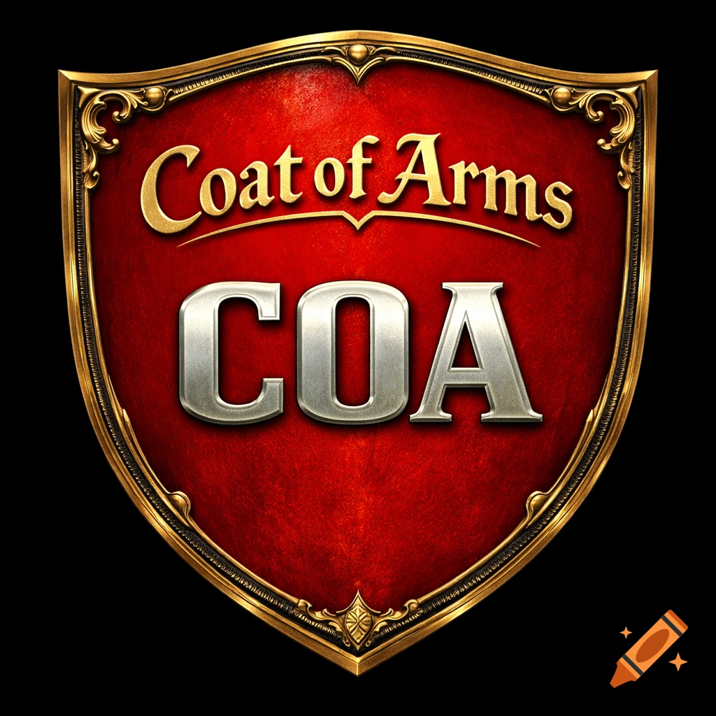 A detailed red shield with an ornate golden border, featuring the golden text 'Coat of Arms' and large silver text 'COA'.