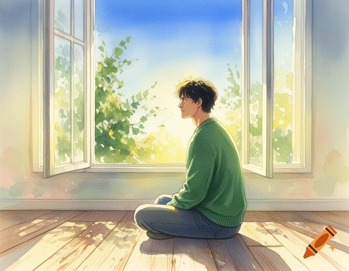 Watercolor painting of a man in a green sweater sitting on a wooden floor, looking out a large window on a sunny day.