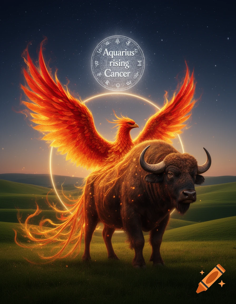 A fiery phoenix merges with a buffalo in a field under a starry sky, with 'Aquarius rising Cancer' zodiac text above.
