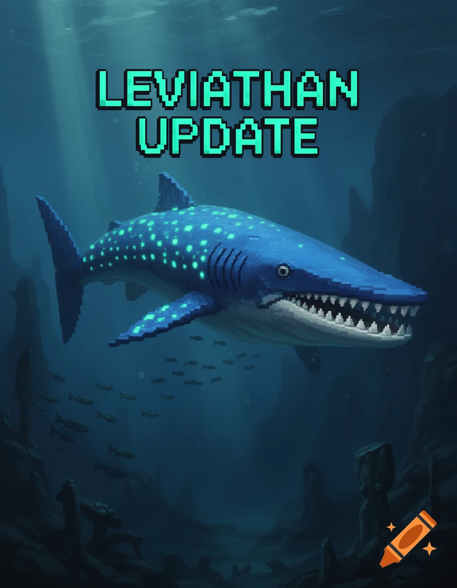 Pixel art of a giant blue pixelated leviathan with glowing spots swimming in deep water, with text 'LEVIATHAN UPDATE'.