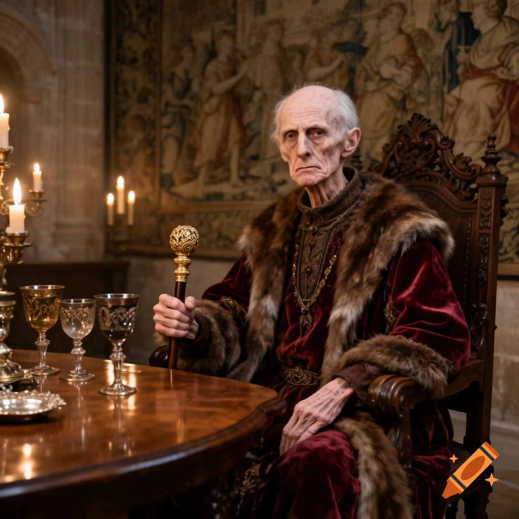 An old, sickly medieval lord in a fur-trimmed red velvet robe sits in a grand hall, holding a staff.