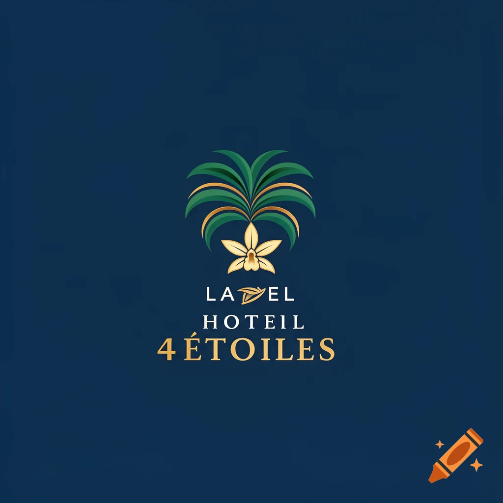 A stylized hotel logo on a dark blue background, featuring a green palm frond and a golden vanilla orchid, with the text 'LA EL HOTEL' and '4 ÉTOILES' below.