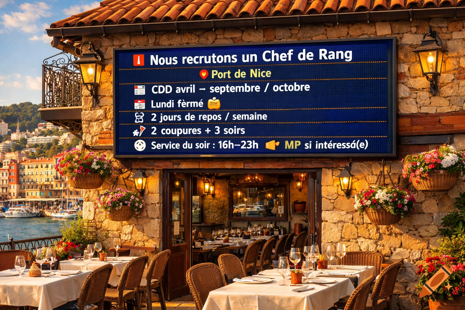 A charming restaurant with outdoor seating overlooks a bustling port town, with a digital sign advertising job openings.