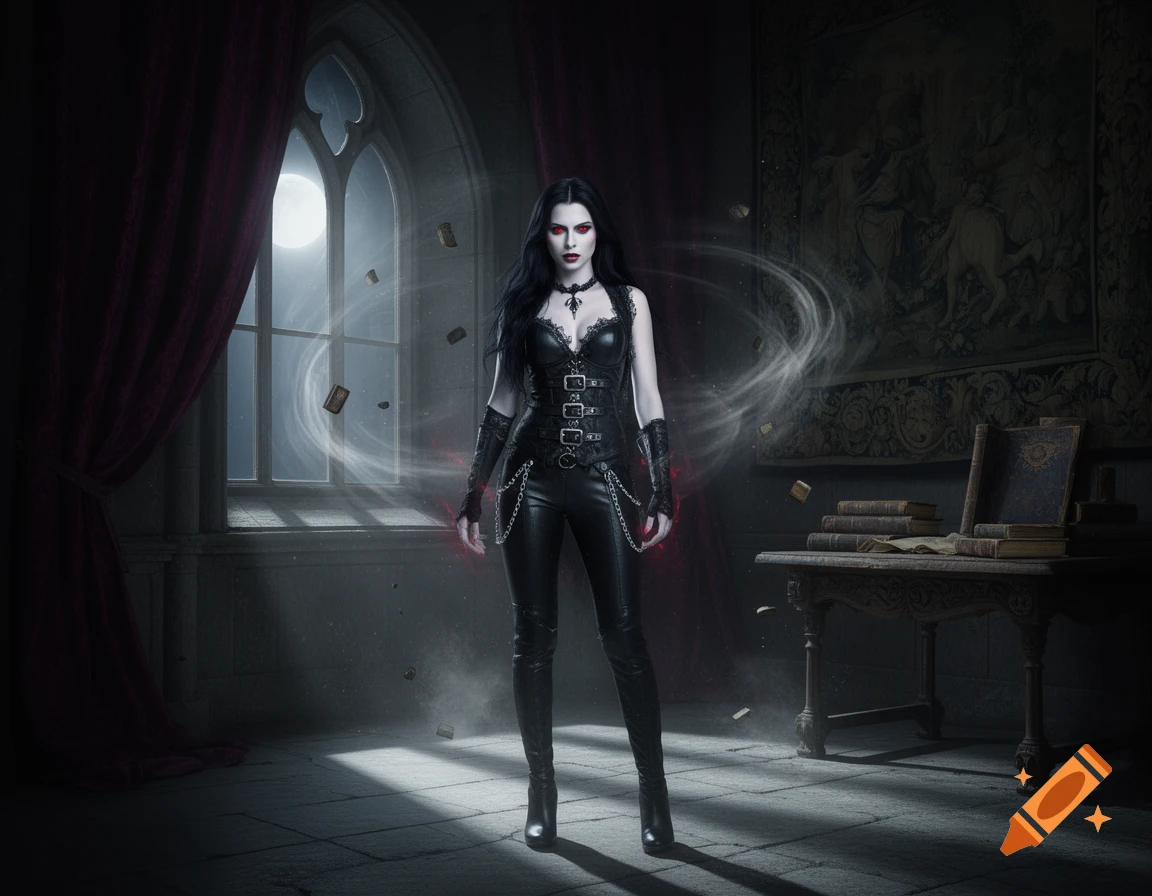 A pale, dark-haired female vampire in a black corset and leather stands in a gothic room with floating books and magic.