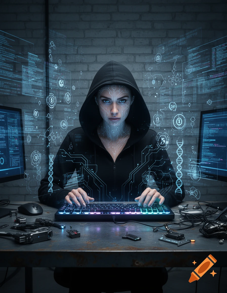 A serious female hacker in a black hoodie types on a glowing keyboard at a desk, surrounded by futuristic digital data and code projections.