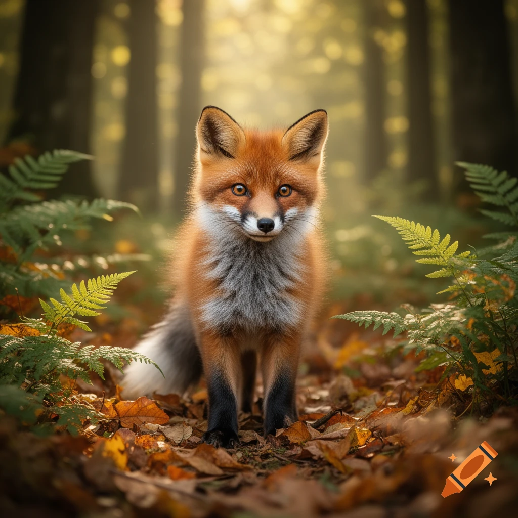 A photorealistic red fox with white and gray fur stands among fallen autumn leaves and green ferns in a sunlit forest.