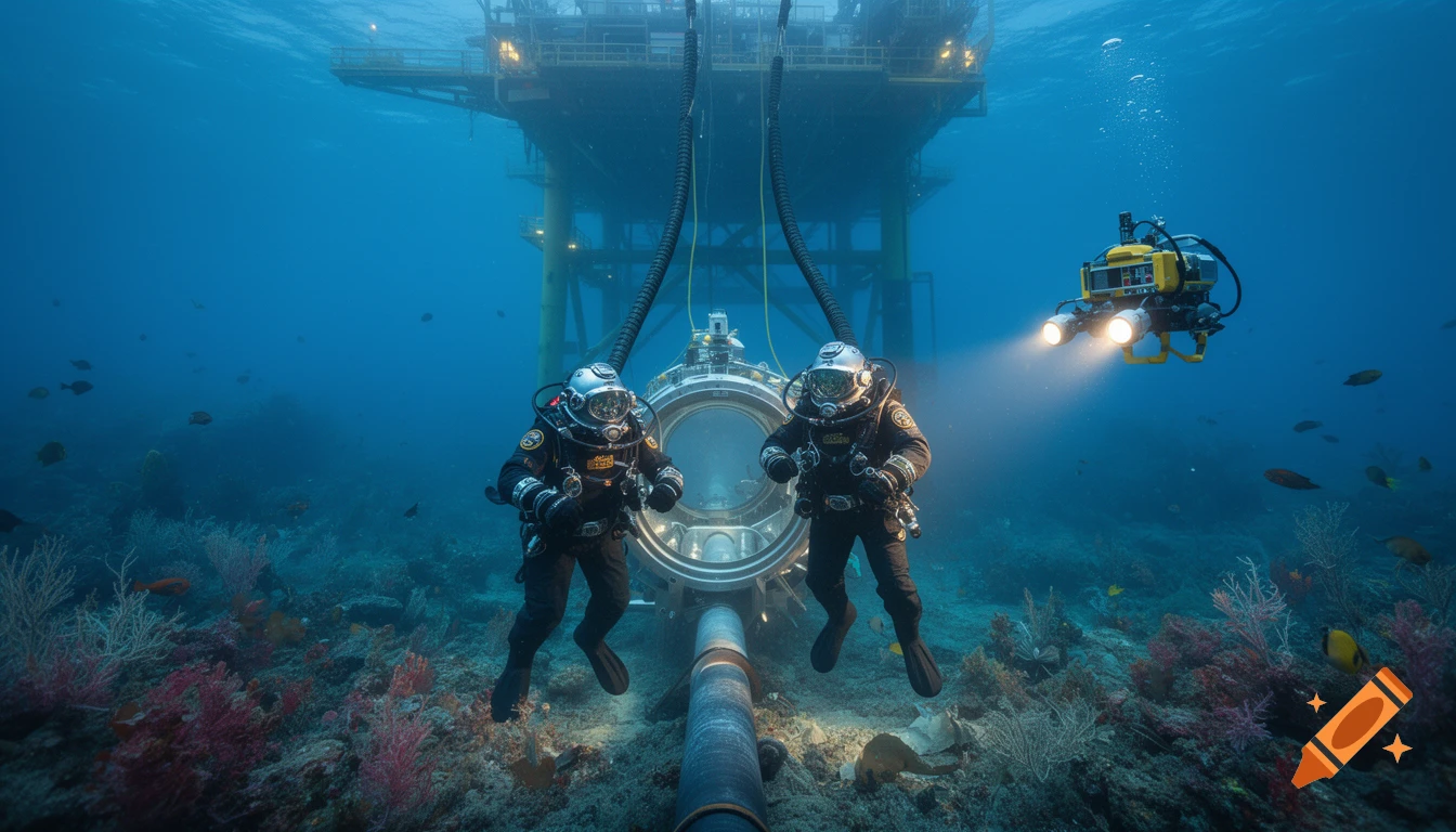 Two deep-sea saturation divers and an ROV work near an underwater pipeline and oil rig, surrounded by coral.