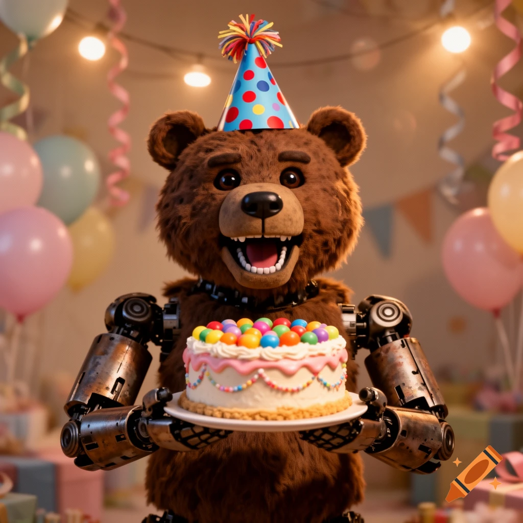 A smiling brown animatronic bear wearing a party hat holds a birthday cake in a decorated room with balloons and streamers.