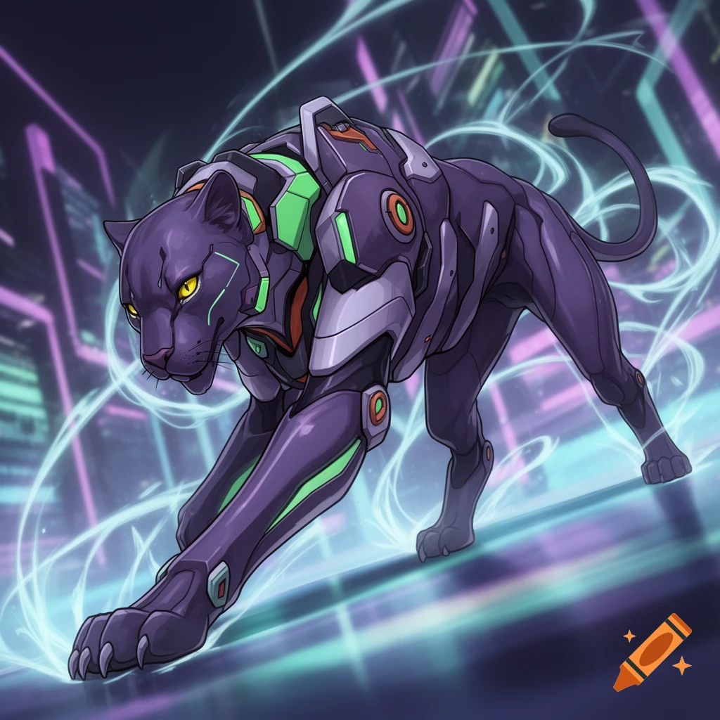 A purple cybernetic panther with glowing green and orange accents, walking through a neon city background.