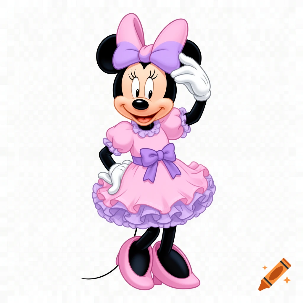 Minnie Mouse wearing a pink dress with lilac bows, standing with one hand on her head.