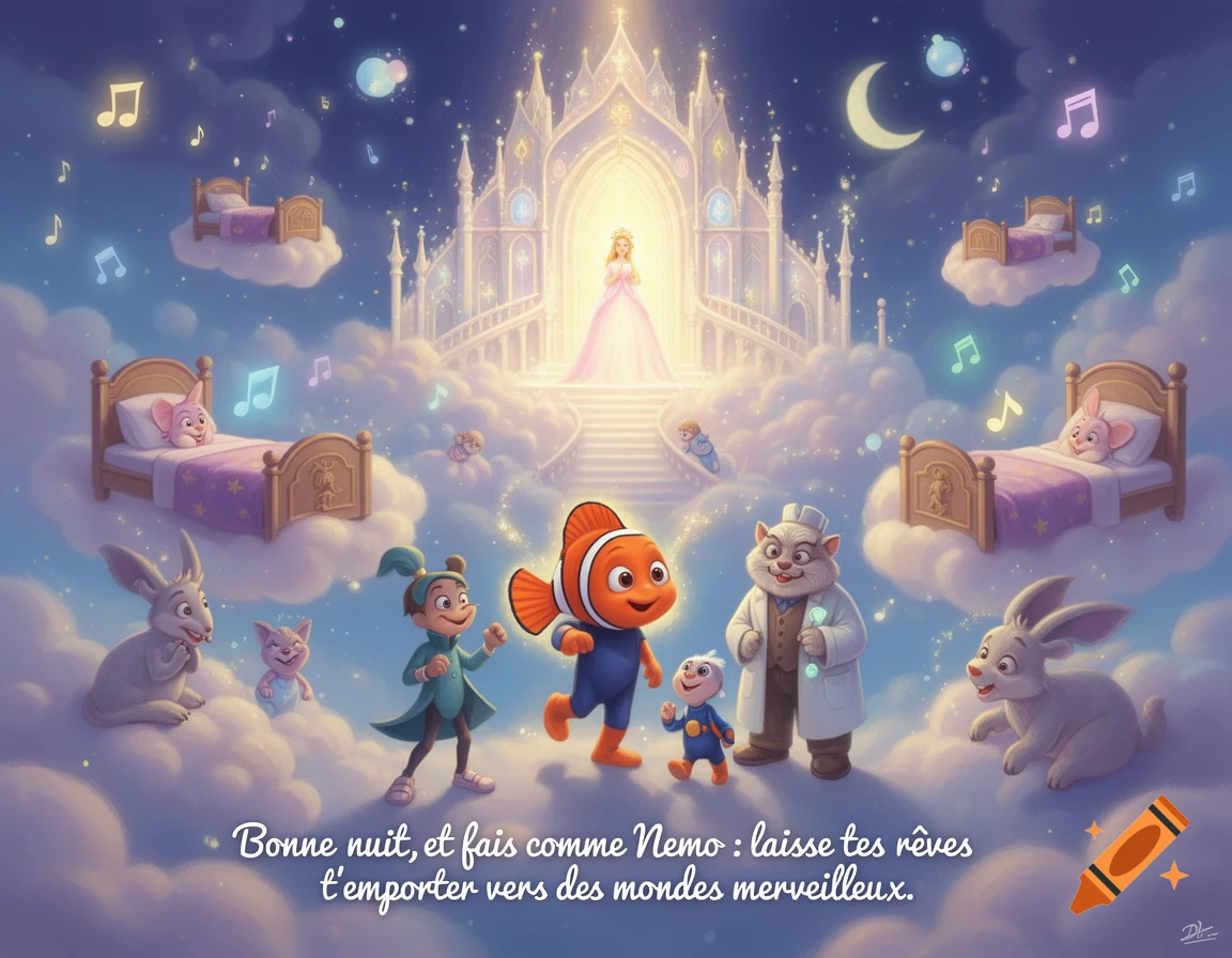 Whimsical illustration of Nemo, a princess, and fantasy characters in a cloud dreamscape with a glowing castle and floating beds.