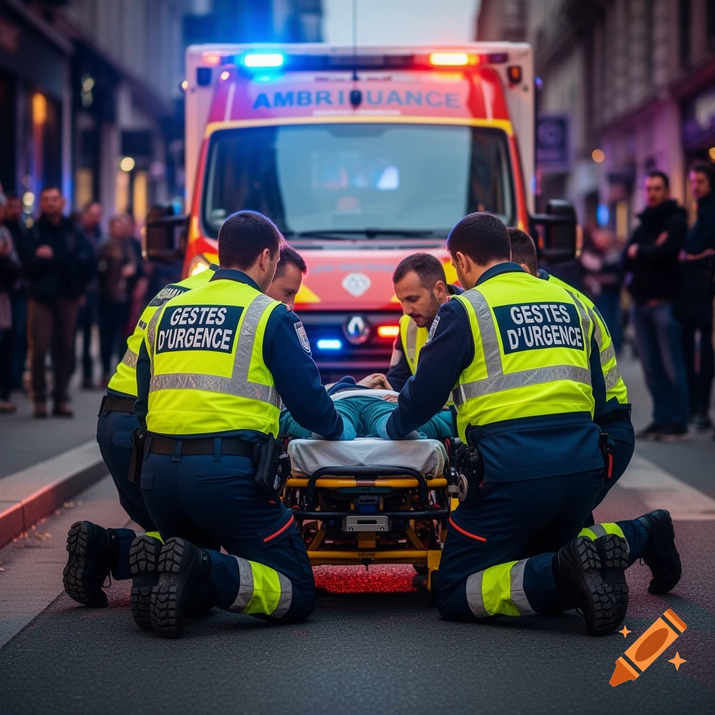 Paramedics in high-visibility vests kneel around a stretcher with a patient on a street, with an ambulance in the background, in a photorealistic style.