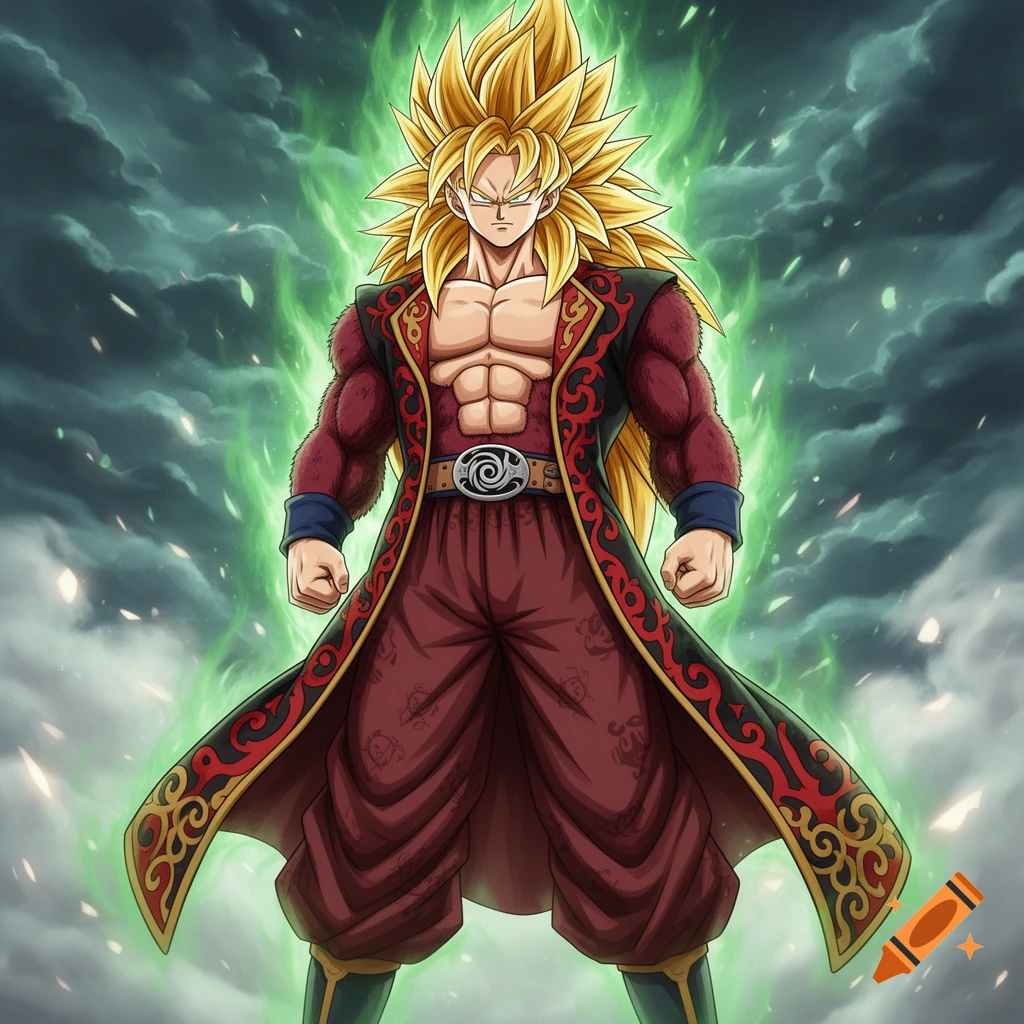 Son Goku in Super Saiyan 4 form with golden spiky hair, wearing a red and black patterned coat, surrounded by green aura against a stormy sky.