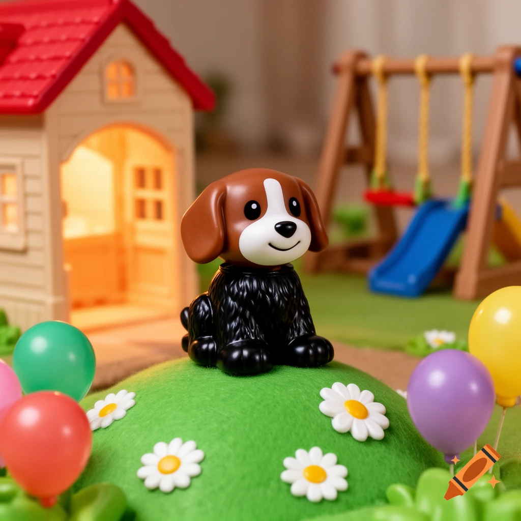 A photorealistic toy dog with a brown head and black body sits on a green hill surrounded by white flowers and colorful balloons. In the background, a toy house glows next to a small playground with swings and a blue slide.