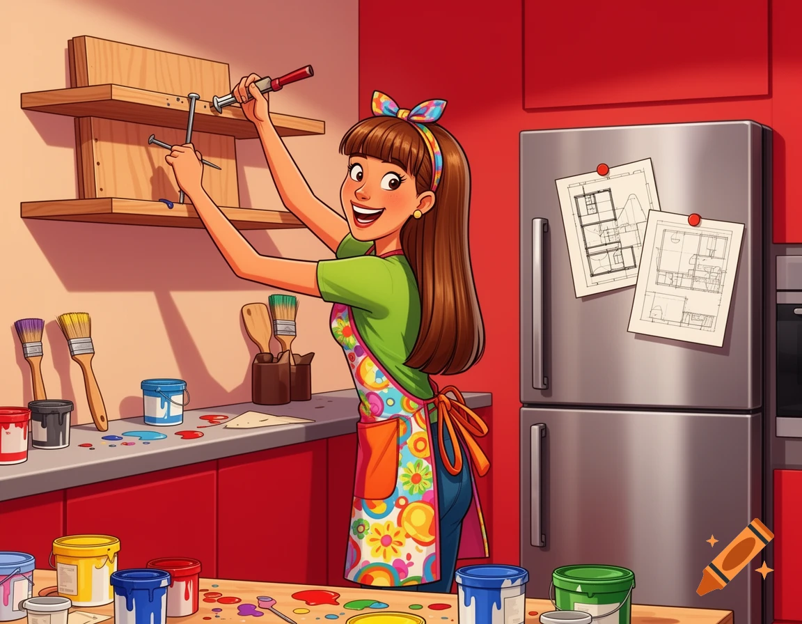 A cheerful cartoon woman in a colorful apron hammers a nail into a wooden shelf in a modern red kitchen, surrounded by paint cans and brushes.