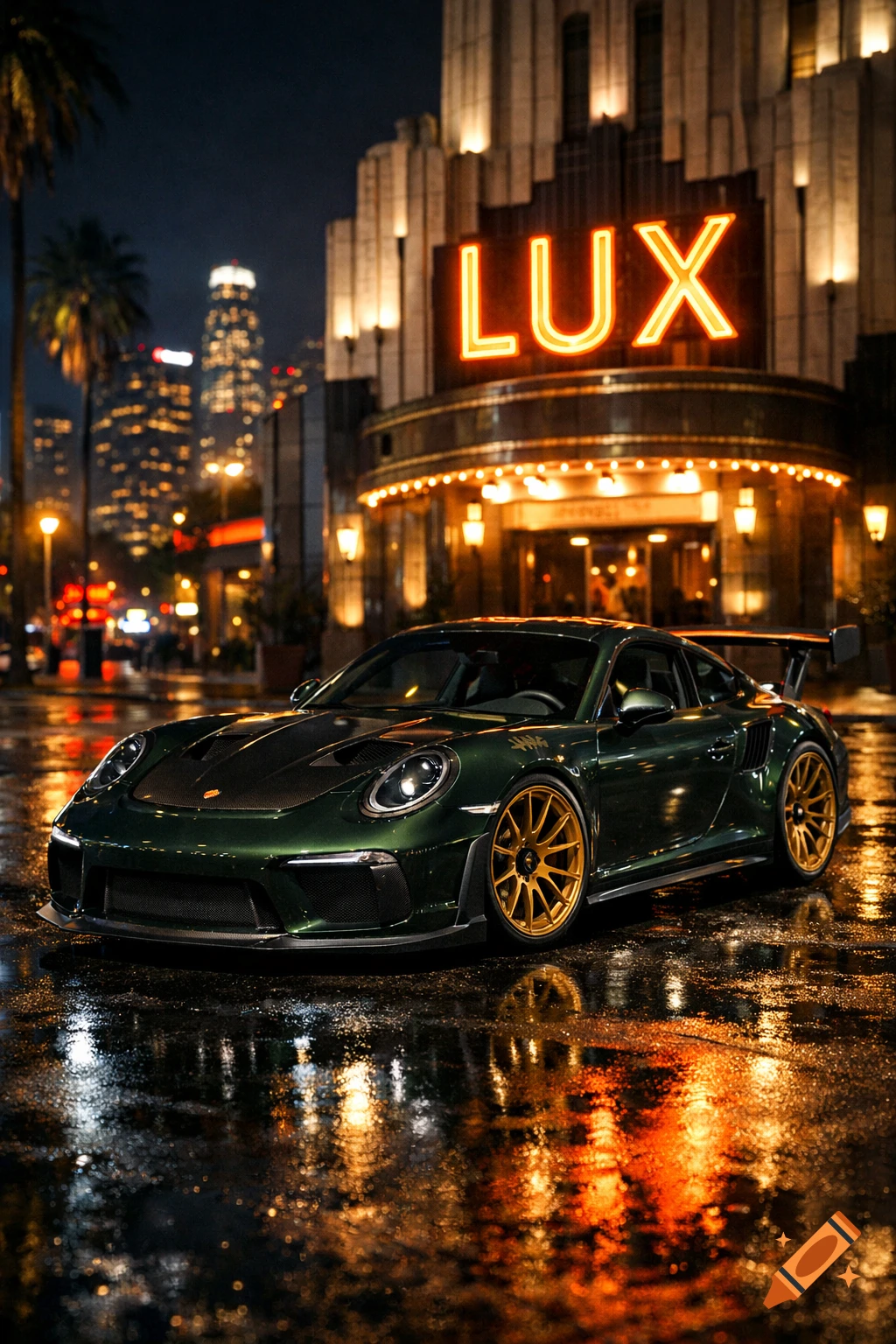 A dark green Porsche 911 GT3 RS with gold wheels parked on a wet street in front of a glowing neon LUX sign on an art deco building at night in Los Angeles.