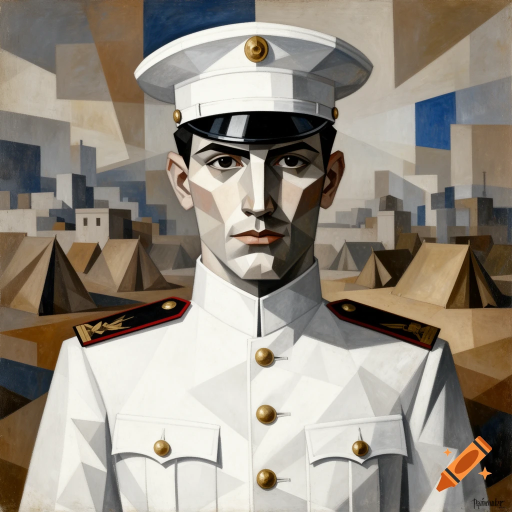 A cubist portrait of a man in a white French army officer's uniform, set against a background of geometric cityscapes and tents.