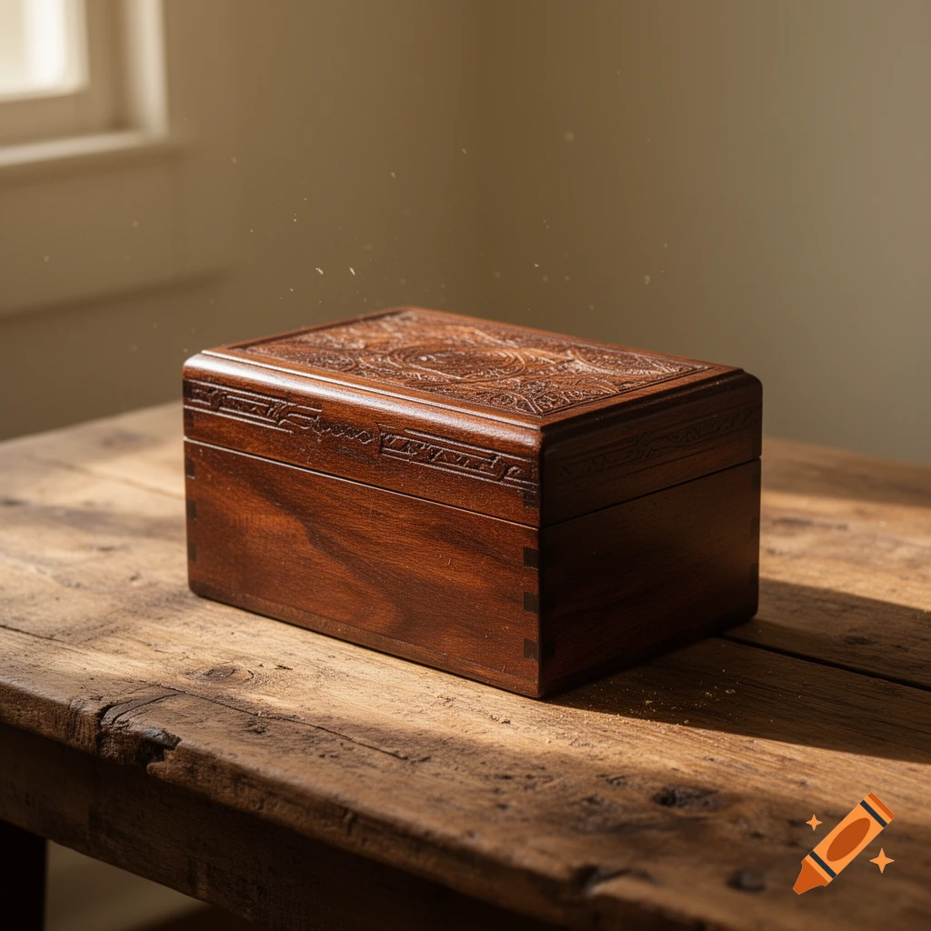 An ornate dark wooden box with intricate carvings on its lid sits on a rustic wooden table, bathed in sunlight.
