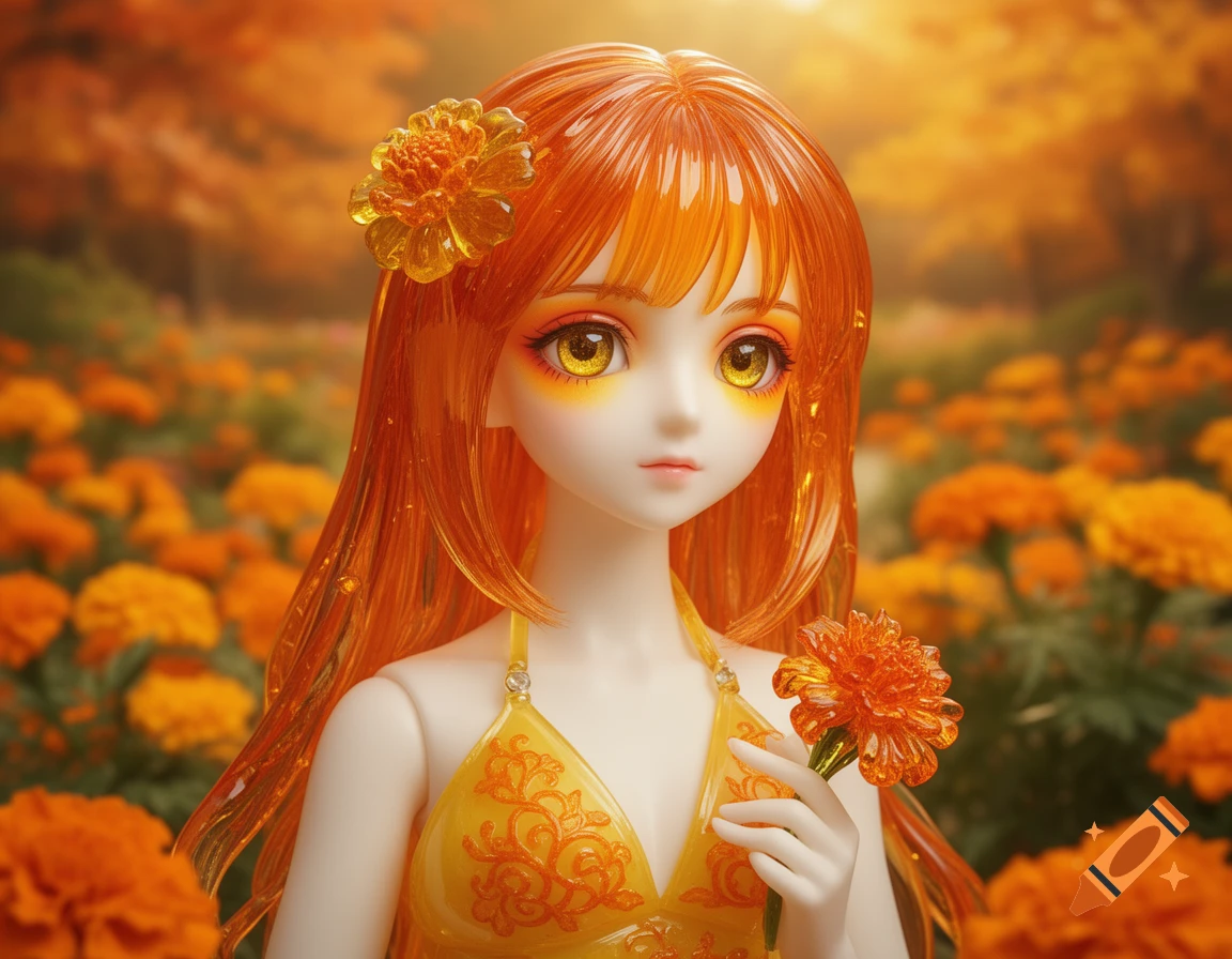 Hyper-real glass anime doll with orange hair and yellow eyes, holding a marigold in a vibrant orange flower garden, surreal style.