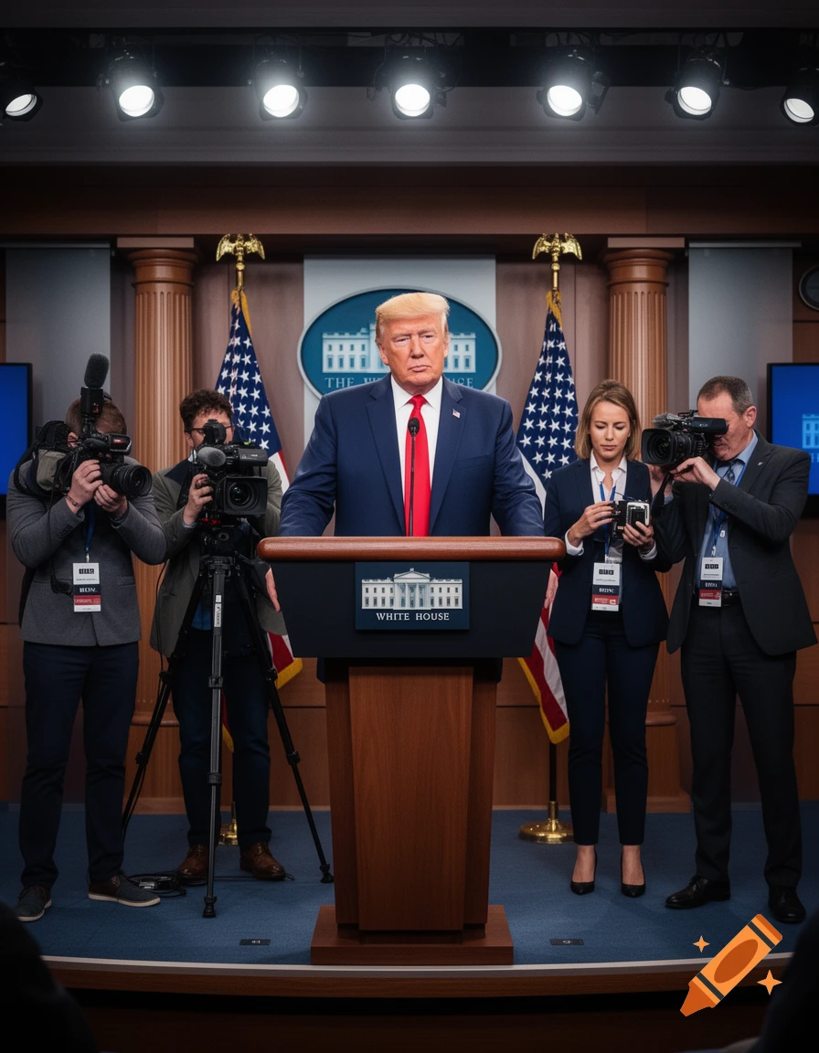 Donald Trump stands at a podium in a blue suit and red tie, flanked by American flags and news photographers.