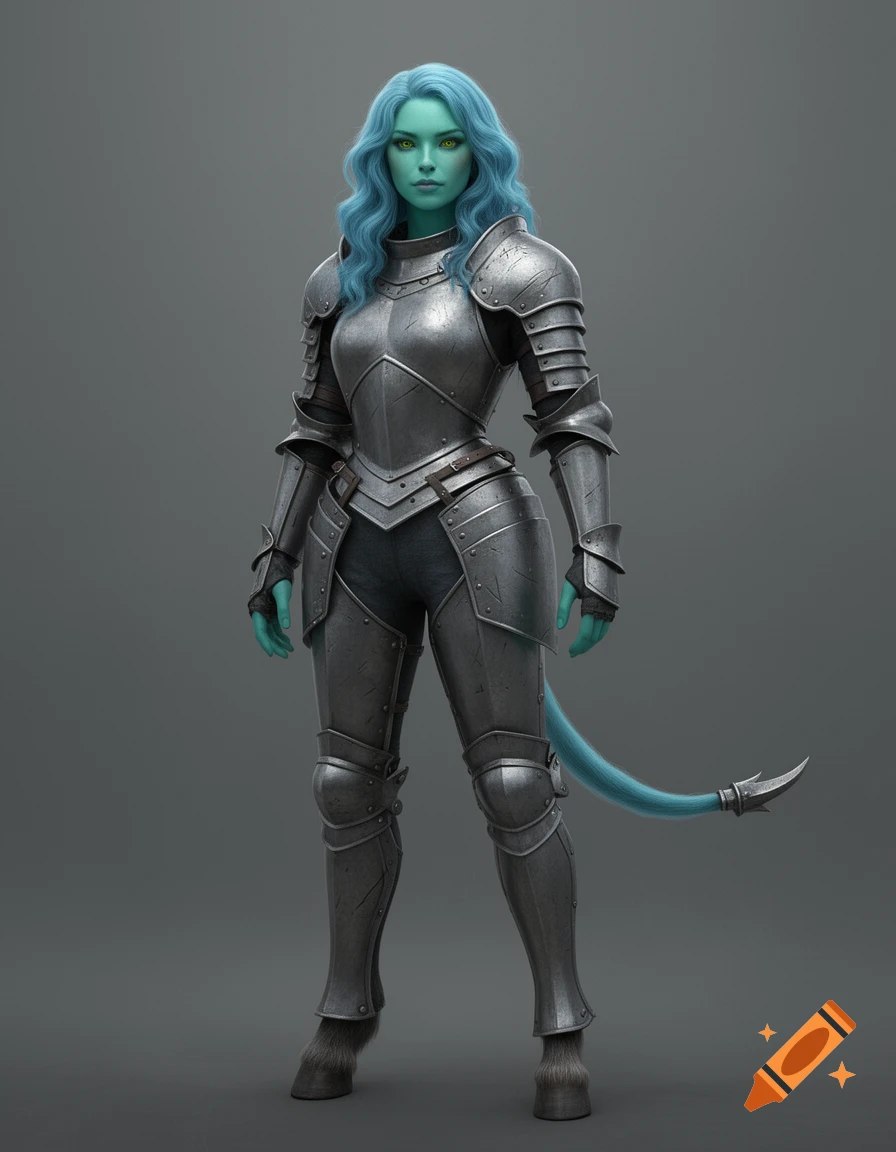 A photorealistic Tiefling soldier with turquoise skin, blue hair, and silver plate armor, standing ready with hooves and a bladed tail.