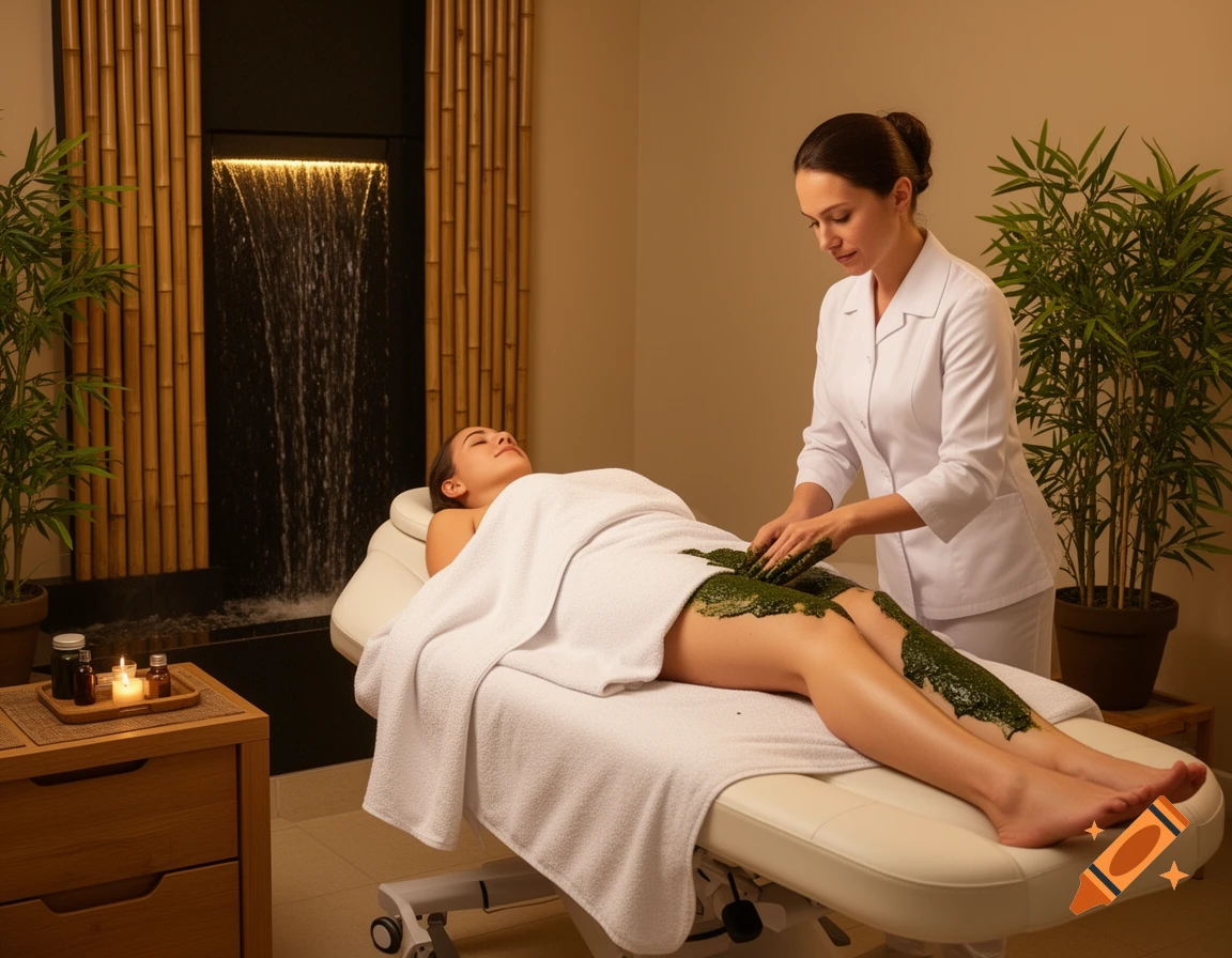 A woman on a massage bed gets an algae mud leg treatment from a therapist in a tranquil spa room with a waterfall.