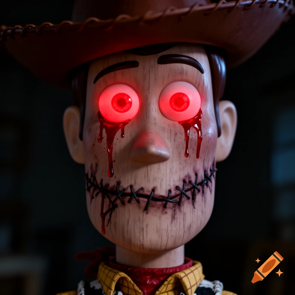 Close-up of a horror-themed Woody toy with glowing red eyes, red liquid dripping, and a stitched mouth, in a dark setting.