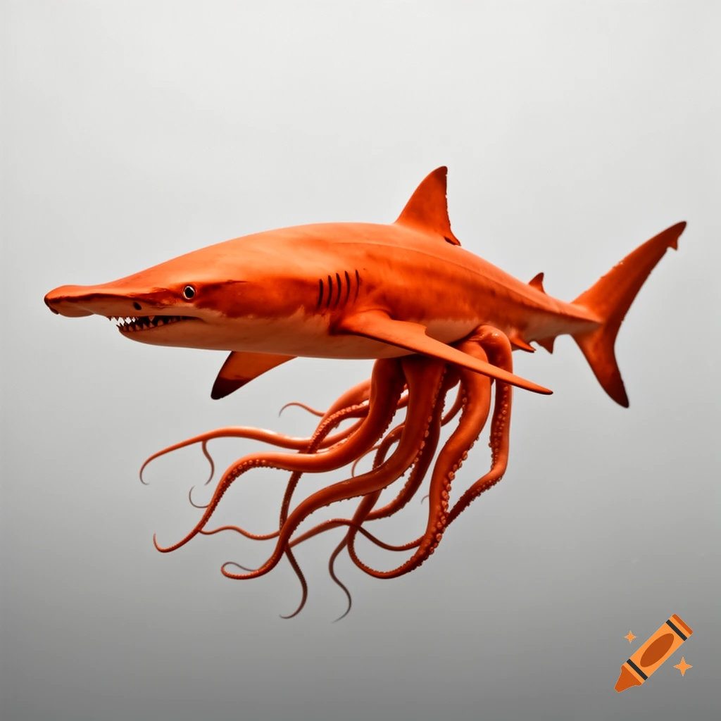 An entirely orange hammerhead shark hybrid with multiple long tentacles replacing its tail, swimming against a light gray background.