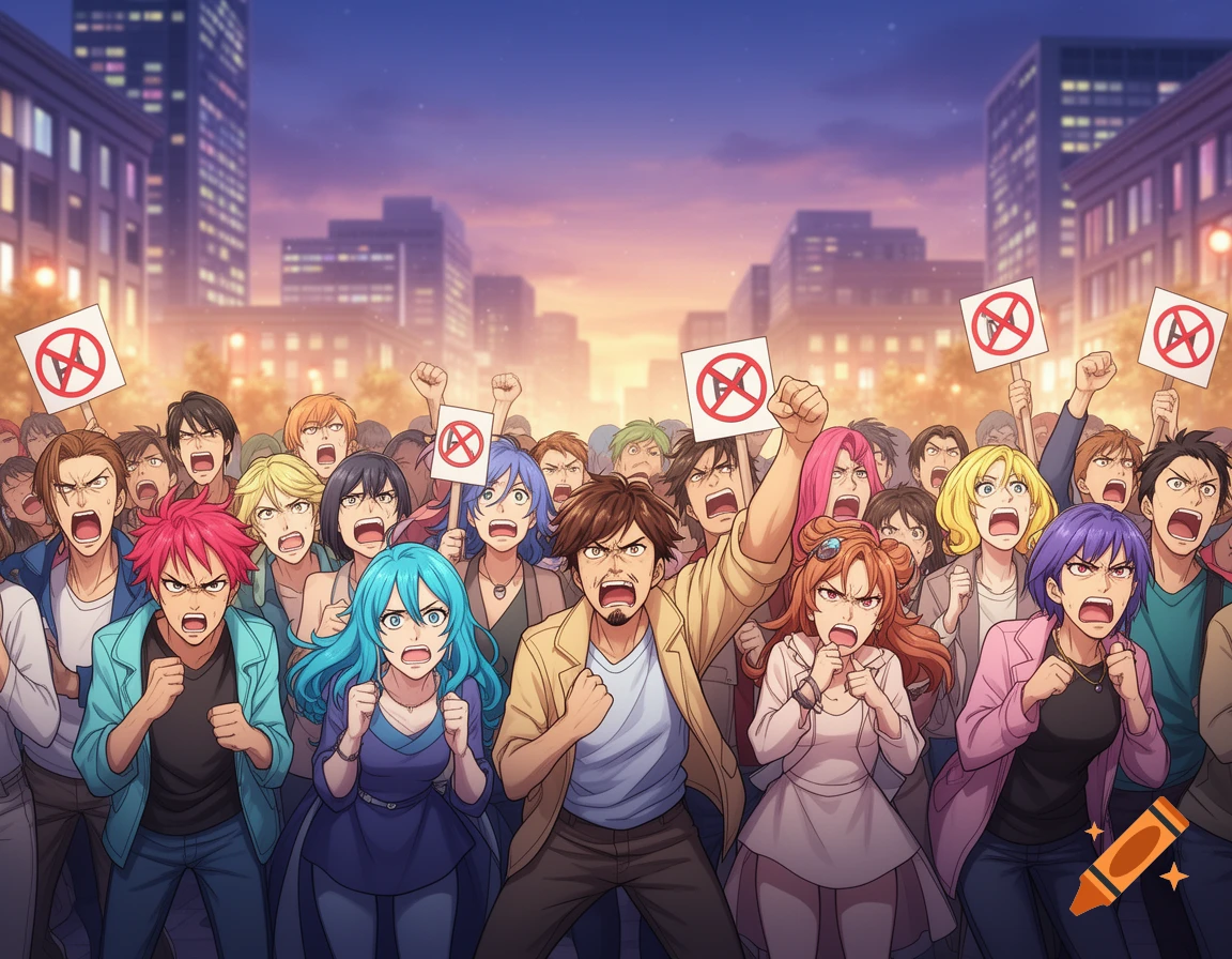 A large anime-style crowd of diverse people, some holding "no" signs, protest on a city street at sunset, all screaming and angry.