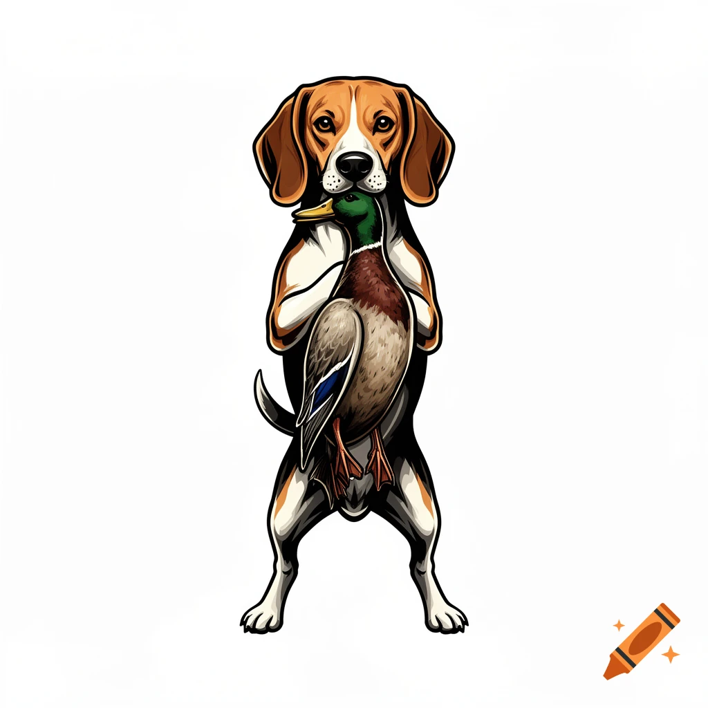 Vector illustration of a confident beagle standing upright, holding a limp duck in its mouth like a mascot character.
