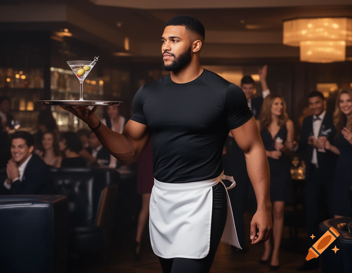 A muscular man dressed as a waiter holds a tray with a martini in an upscale restaurant, with blurred patrons in the background.