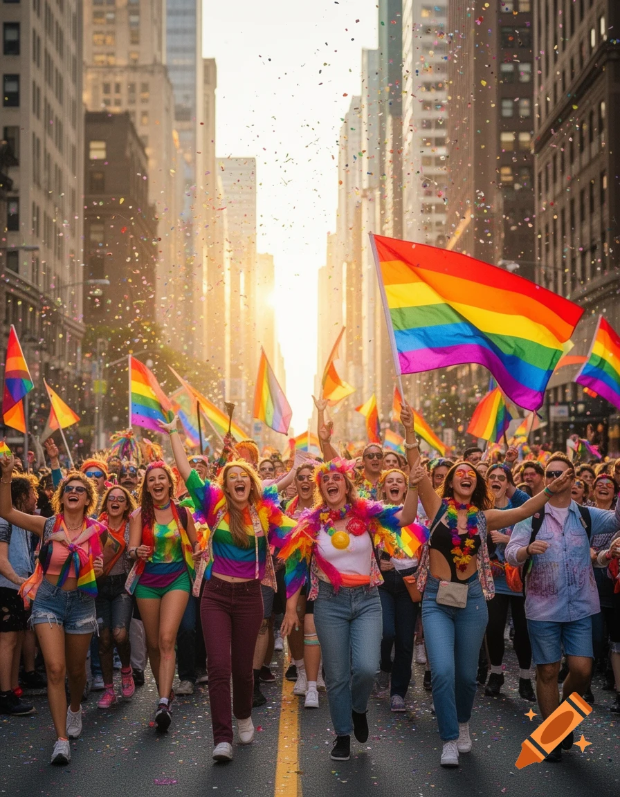 A vibrant Pride parade with many joyful people holding rainbow flags as confetti falls on a sunny city street.