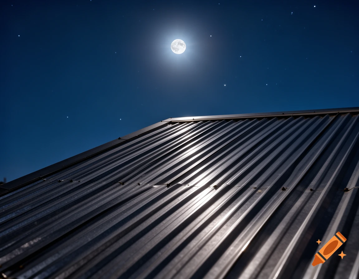 A close-up, low-angle shot of a corrugated metal roof under a bright full moon and starry night sky.