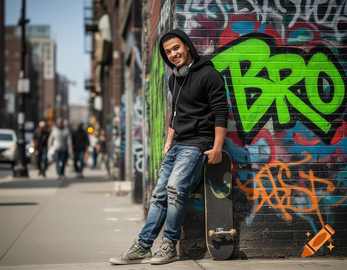 A young man in a black hoodie and ripped jeans leans against a graffiti-covered brick wall with his skateboard in a sunny urban setting.