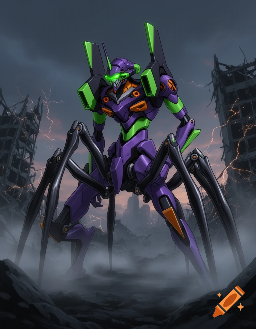 A purple and green spider-like Eva mech stands in a misty, ruined city with lightning in the dark sky.