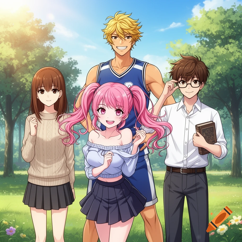 Anime group portrait of two girls and two boys, including a blonde sporty boy and a nerdy boy with glasses, in a sunny park.