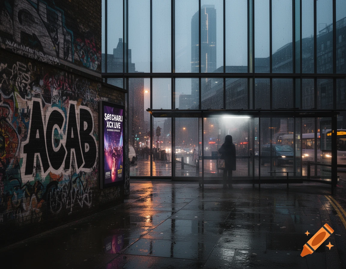 A rainy urban street scene at night with a bus stop, a lone figure, wet reflections, and graffiti on a brick wall.
