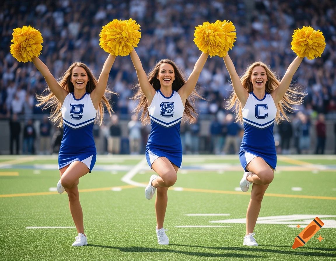 Three smiling cheerleaders in blue and white uniforms with yellow pom-poms on a football field, striking a pose.