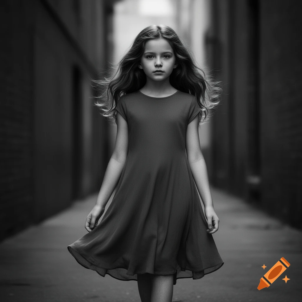 Black and white photorealistic portrait of a young girl with flowing hair walking down a dark urban alley.