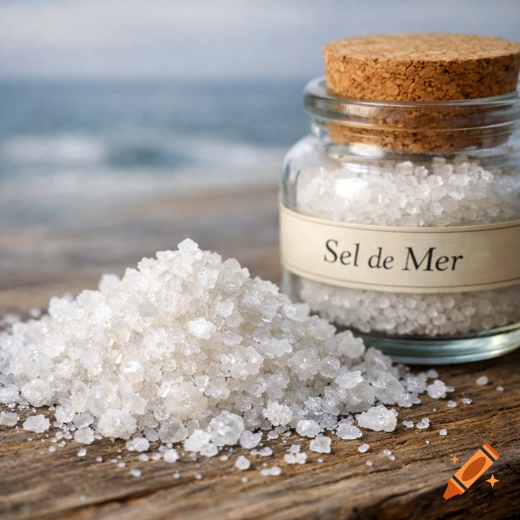 A pile of coarse sea salt next to a glass jar labeled 'Sel de Mer' on a wooden surface with an ocean background.