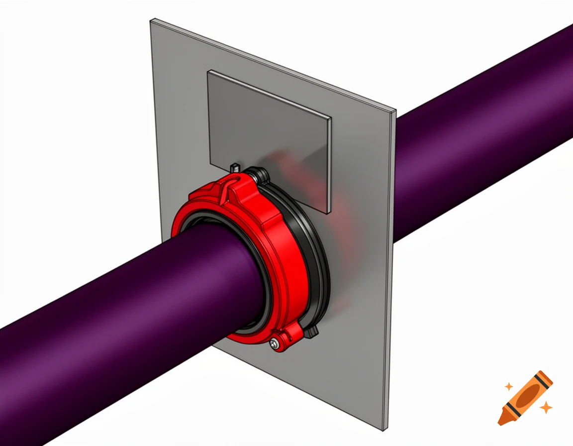 A 3D technical illustration showing a dark purple pipe passing through a gray rectangular mounting plate, secured by a red circular clamp.