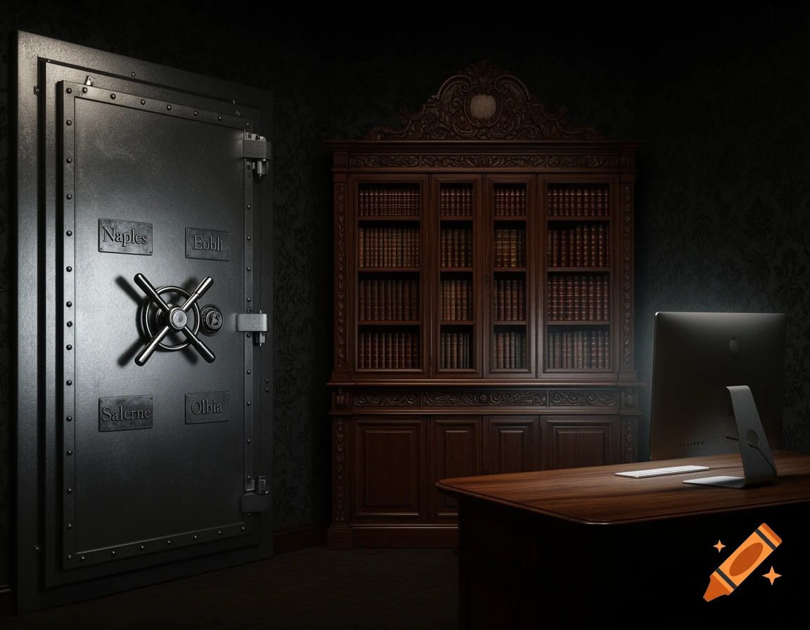 A dimly lit room with a large vault door, an ornate wooden bookshelf filled with books, and a desk with a computer monitor.