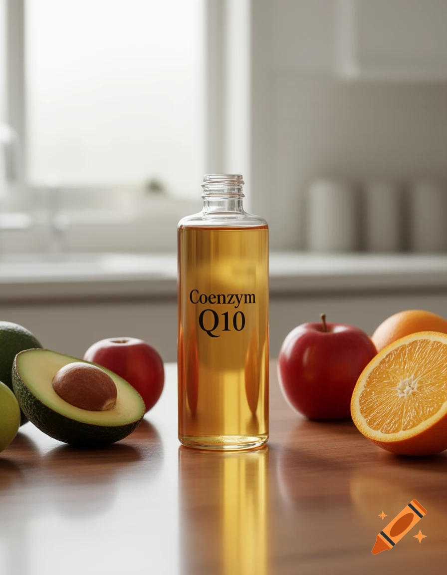 Photorealistic still life of a Coenzym Q10 liquid bottle on wood, surrounded by sliced avocado, apples, and oranges.