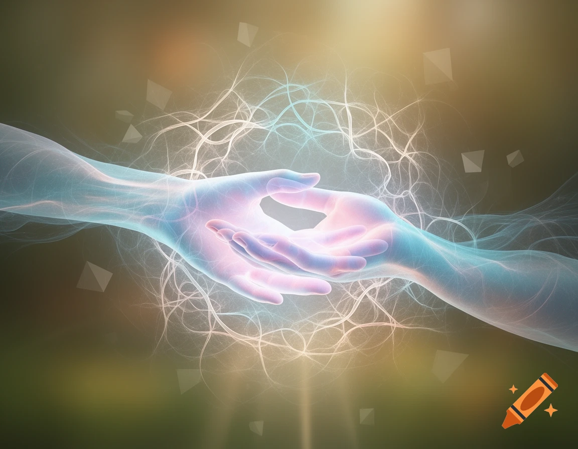 Two glowing, ethereal hands reach towards each other amidst swirling light and geometric particles on a muted background.